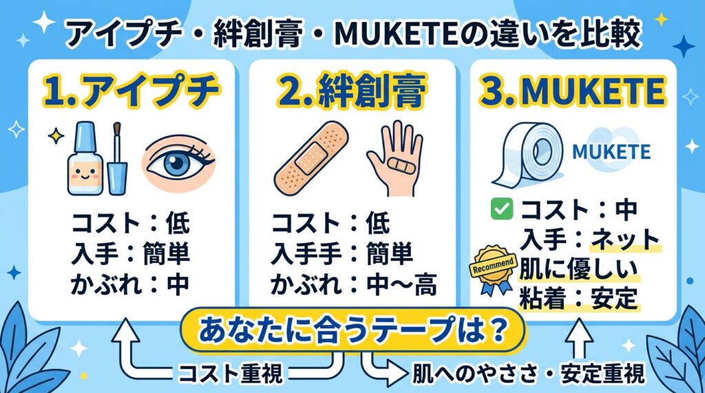アイプチ・絆創膏・専用テープ（MUKETE）の違いを比較