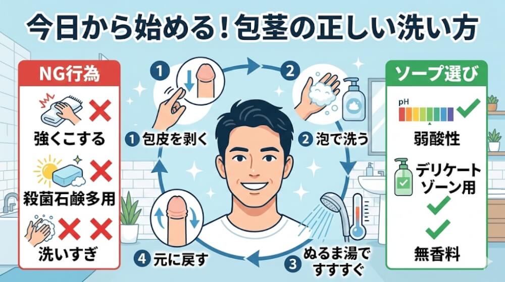 包茎の正しい洗い方｜種類別の手順とNG行為