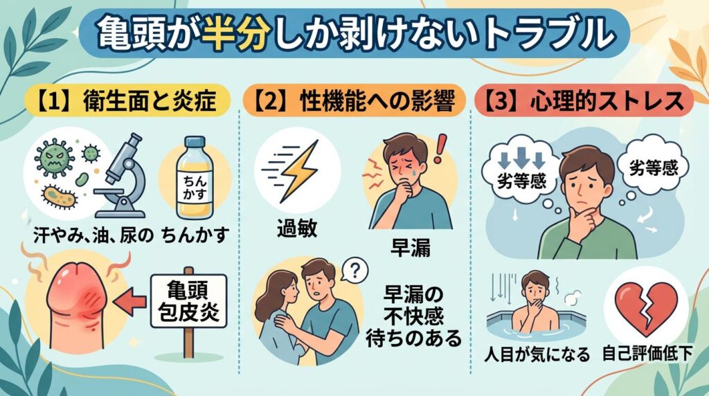亀頭が半分しか剥けないことで起こりやすいトラブル