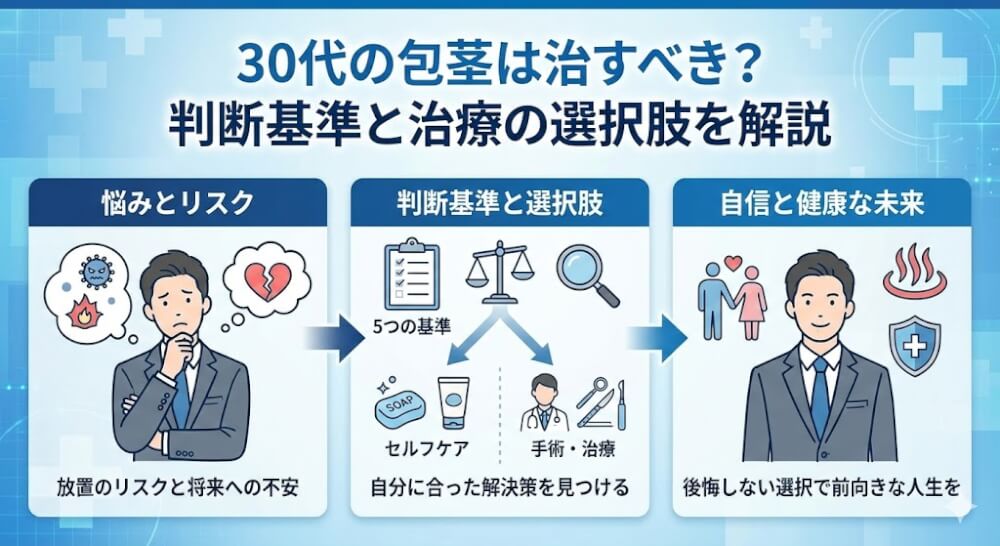 30代で包茎に悩む方へ。治療すべきかの判断基準5つ、セルフケア方法、手術の費用・保険適用条件、クリニック選びのポイントまで専門的に解説。自分に合った選択肢を見つけましょう。