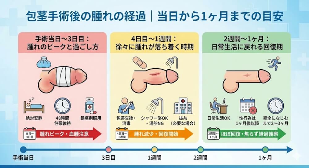包茎手術後の腫れの経過｜当日から1ヶ月までの目安