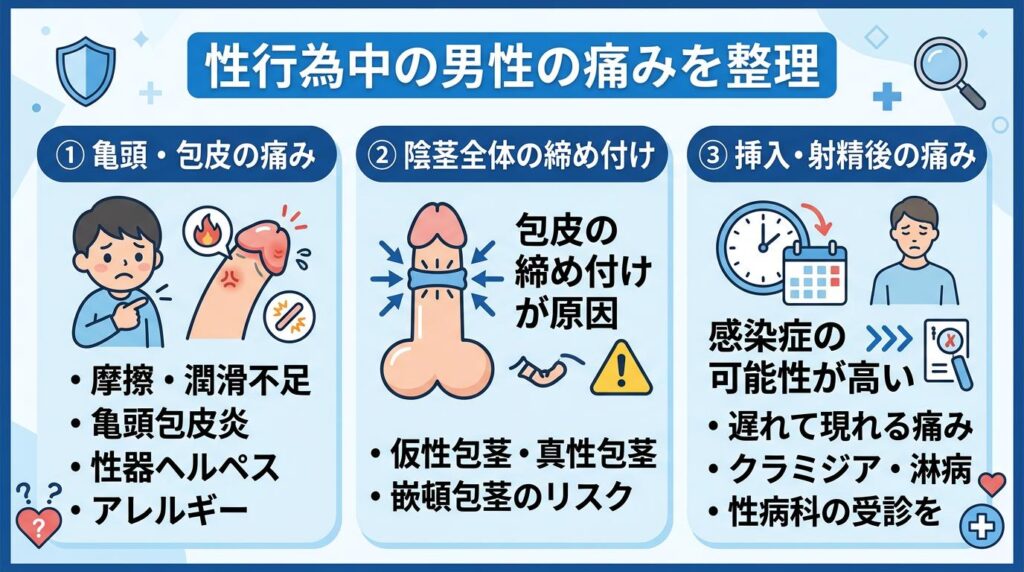 性行為中に男性が感じる痛みの部位と種類を整理しよう