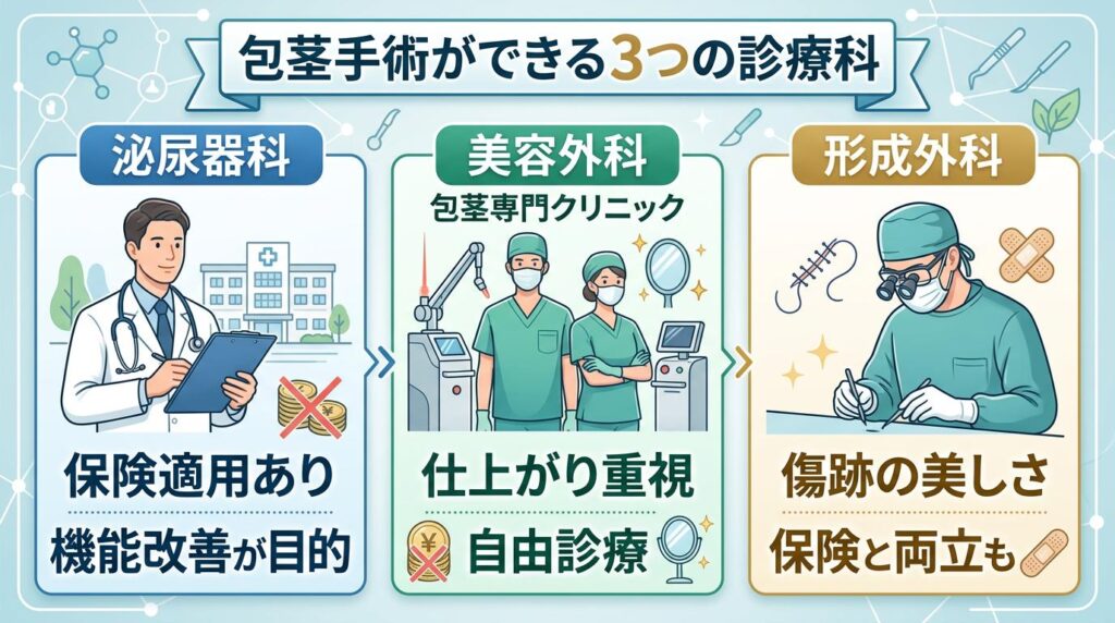 包茎手術ができる診療科は「泌尿器科」「美容外科」「形成外科」の3つ