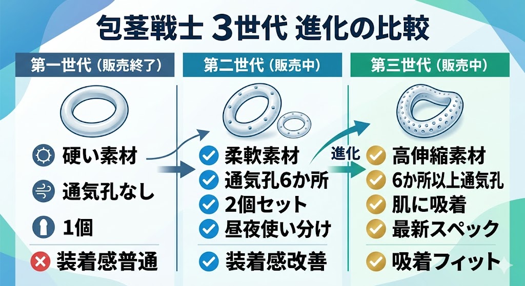 包茎戦士｜第一世代・第二世代・第三世代の違いを比較
