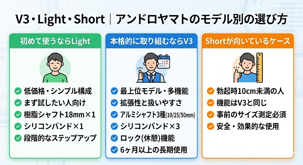 V3・Light・Short｜アンドロヤマトのモデル別の選び方