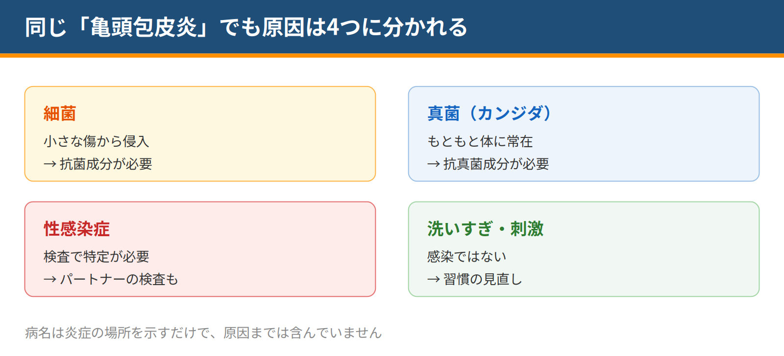 亀頭包皮炎の原因を細菌・真菌・性感染症・洗いすぎや刺激の4つに分け、それぞれ必要な対処が異なることを示した図