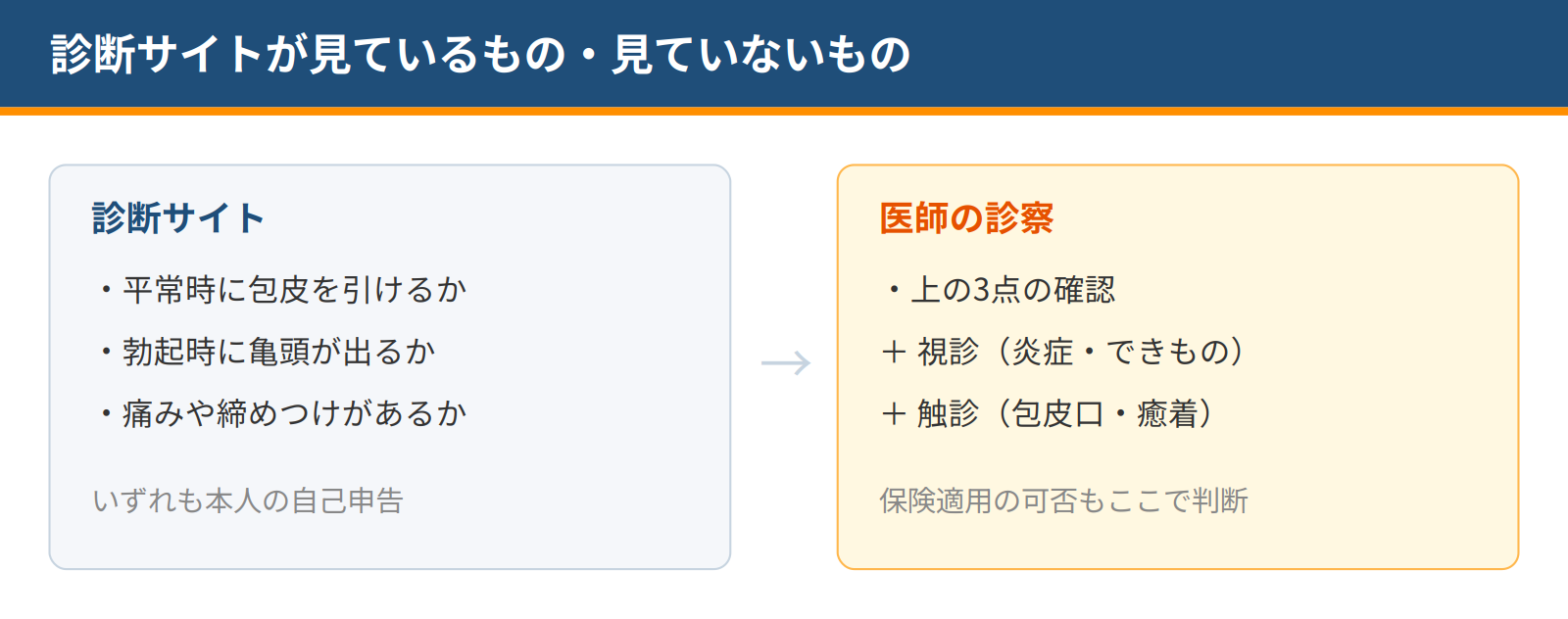 診断サイトは自己申告の3項目だけを分類するのに対し、医師の診察は視診・触診を加えて判断することを示した比較図