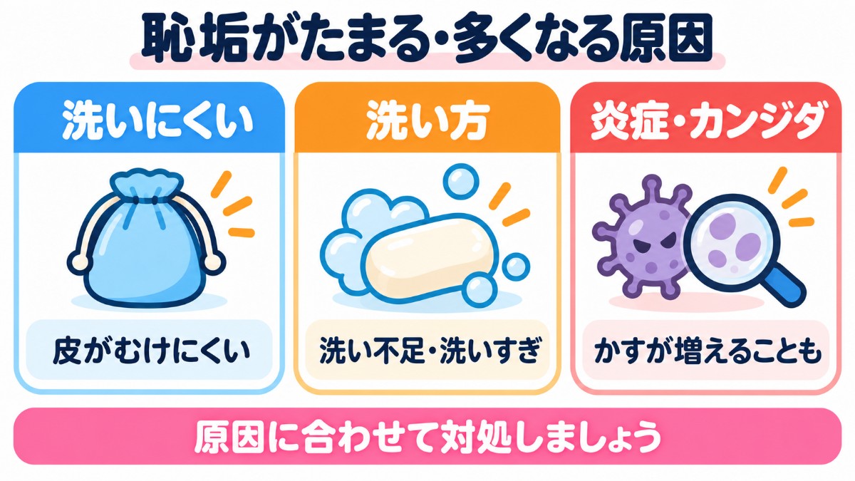 恥垢（チンカス）がたまる・多くなる原因として、洗いにくい、洗い方、炎症・カンジダの3つを示す図