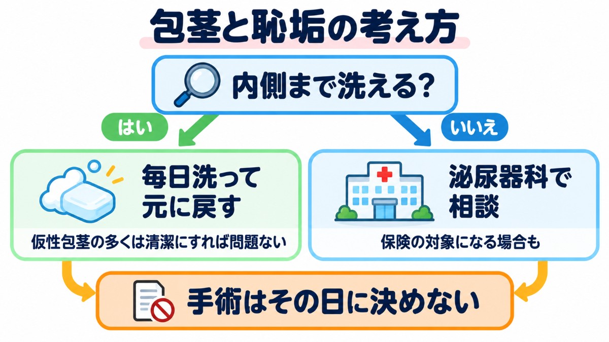 内側まで洗えるかどうかで、毎日洗って戻すか泌尿器科で相談するかを分けるフローチャート