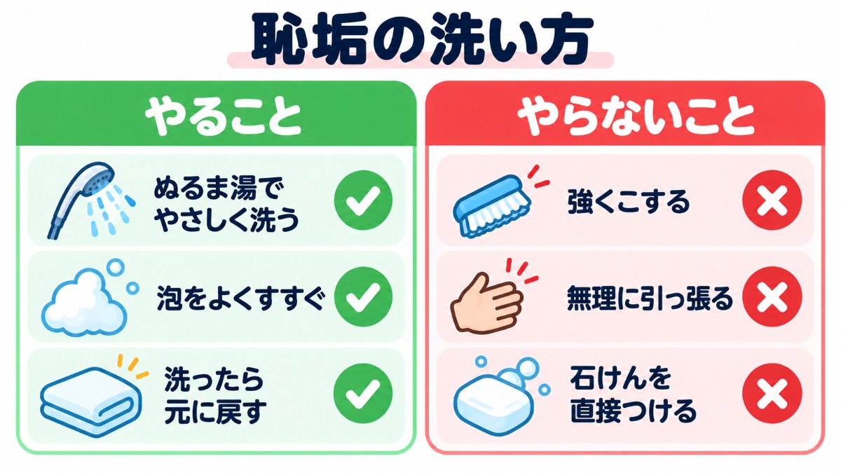 恥垢の洗い方で、やること（ぬるま湯・よくすすぐ・元に戻す）とやらないこと（強くこする・無理に引っ張る・石けんを直接つける）を比べた図