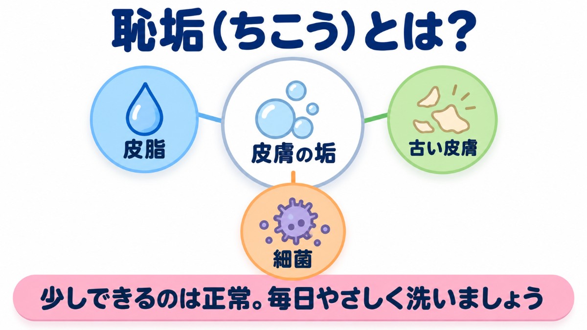 恥垢（チンカス）は皮脂・古い皮膚・細菌が混ざった皮膚の垢で、少しできるのは正常であることを示す図