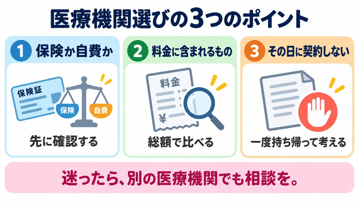 環状切除術で後悔しないための医療機関選びの3つのポイント（保険か自費か・料金に含まれるもの・その日に契約しない）