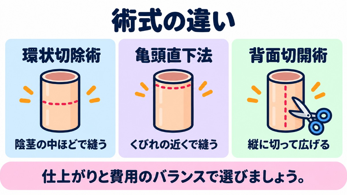 包茎手術の術式の違い（環状切除術・亀頭直下法・背面切開術の縫う位置と切り方）