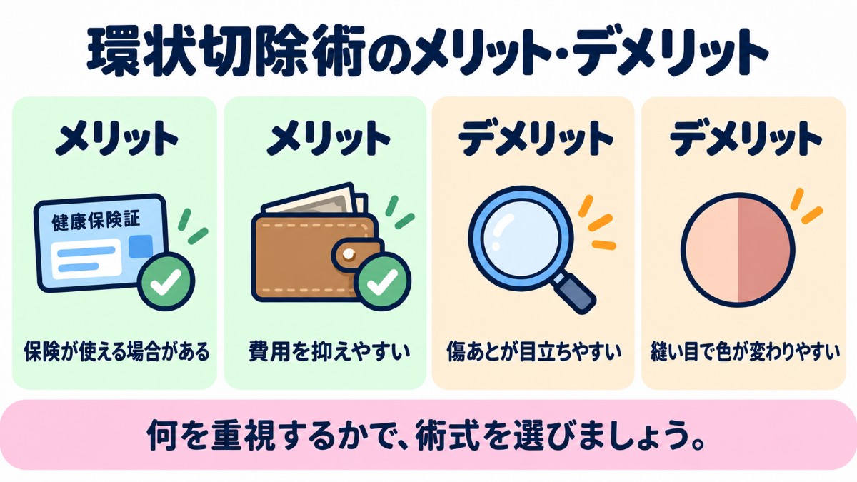 環状切除術のメリット（保険が使える場合がある・費用を抑えやすい）とデメリット（傷あとが目立ちやすい・縫い目で色が変わりやすい）