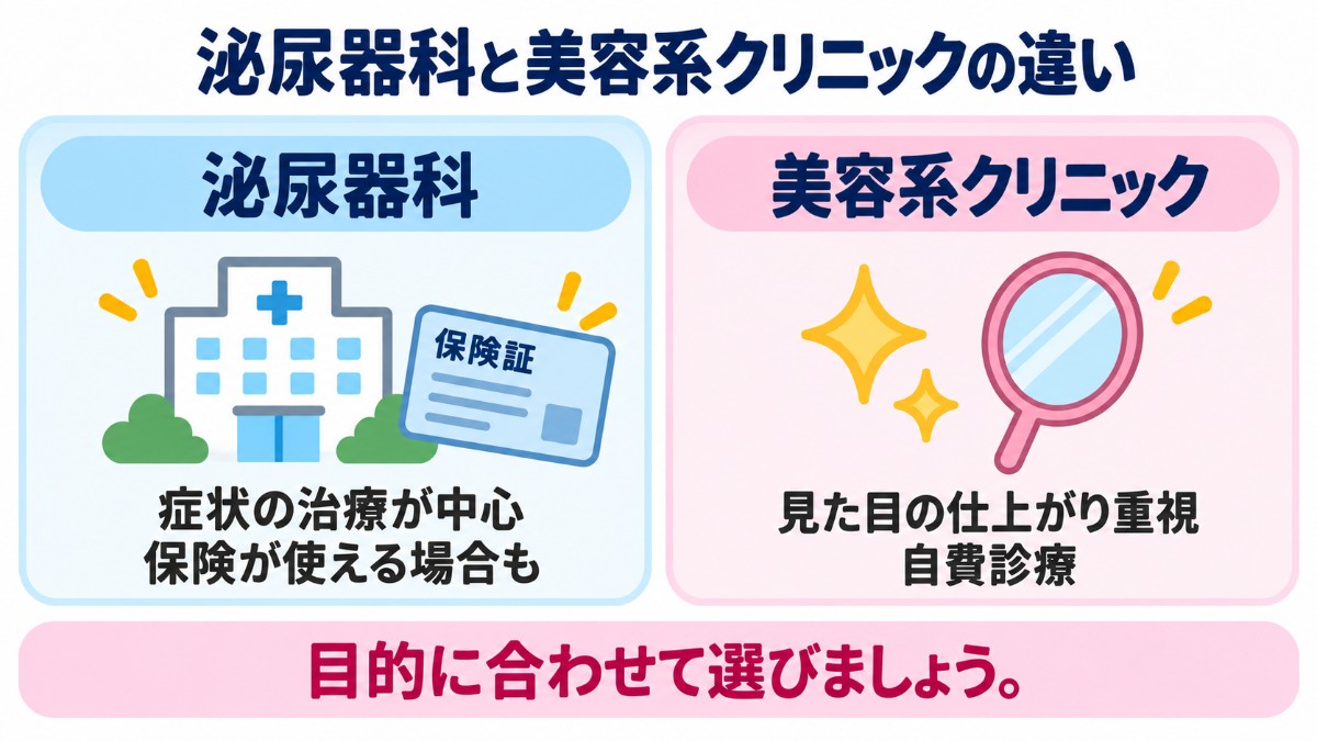 泌尿器科と美容系クリニックの違い（泌尿器科は症状の治療が中心で保険が使える場合も、美容系クリニックは見た目の仕上がり重視の自費診療）