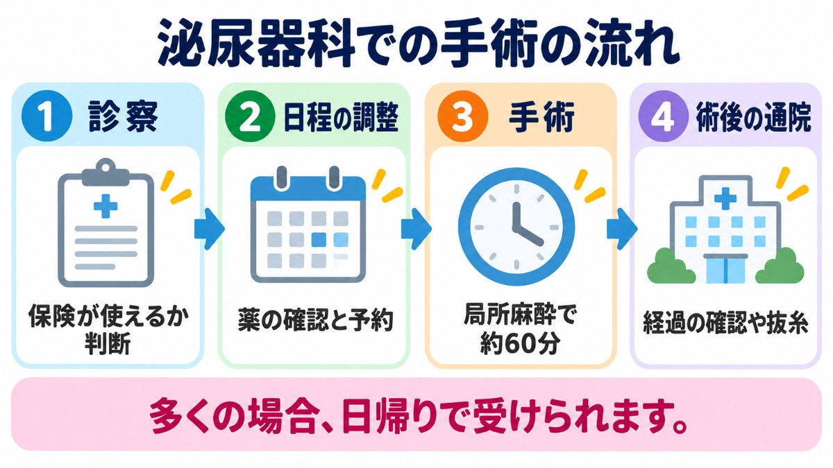 泌尿器科での包茎手術の流れ（診察、日程の調整、局所麻酔で約60分の手術、術後の通院）