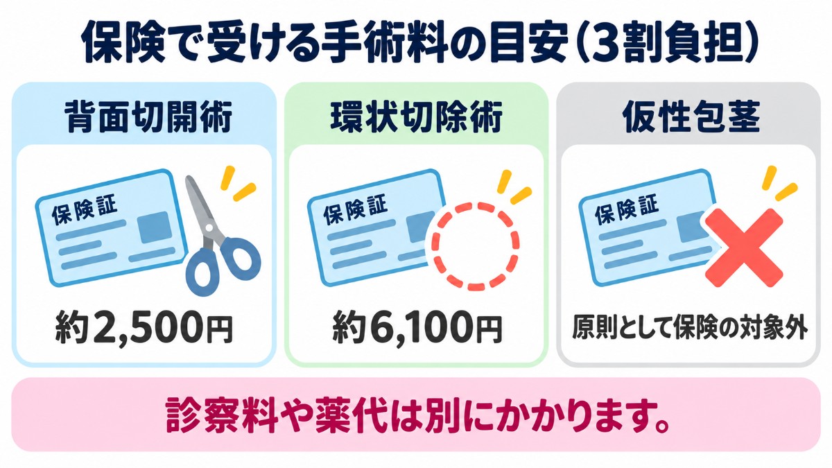 保険で受ける包茎手術の手術料の目安（3割負担で背面切開術は約2,500円、環状切除術は約6,100円、仮性包茎は原則として保険の対象外）
