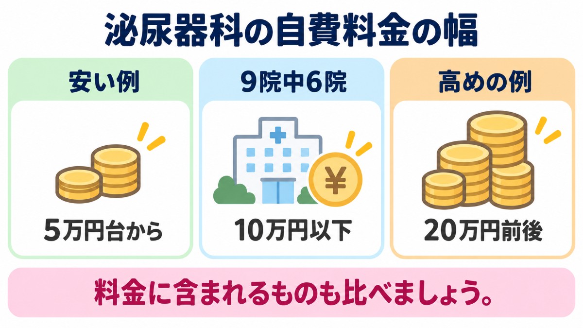 泌尿器科の自費料金の幅（安い例は5万円台から、9院中6院は10万円以下、高めの例は20万円前後）