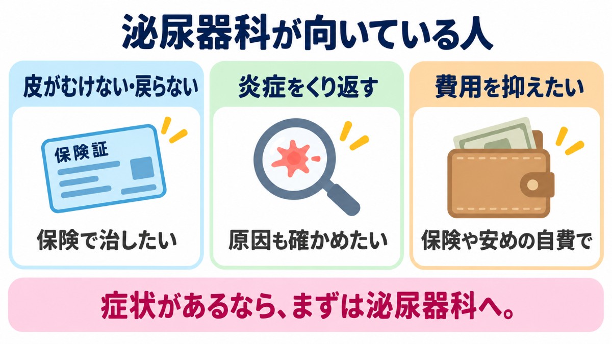 泌尿器科が向いている人（皮がむけない・戻らない人、炎症をくり返す人、費用を抑えたい人）