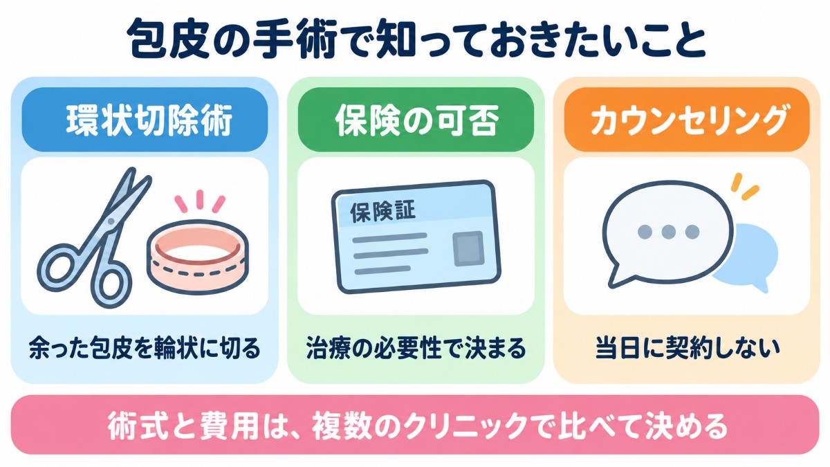 包茎手術で切る部分と保険・カウンセリングの注意点の図解