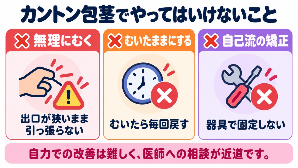 カントン包茎でやってはいけないこと（無理にむく、むいたままにする、自己流の矯正）