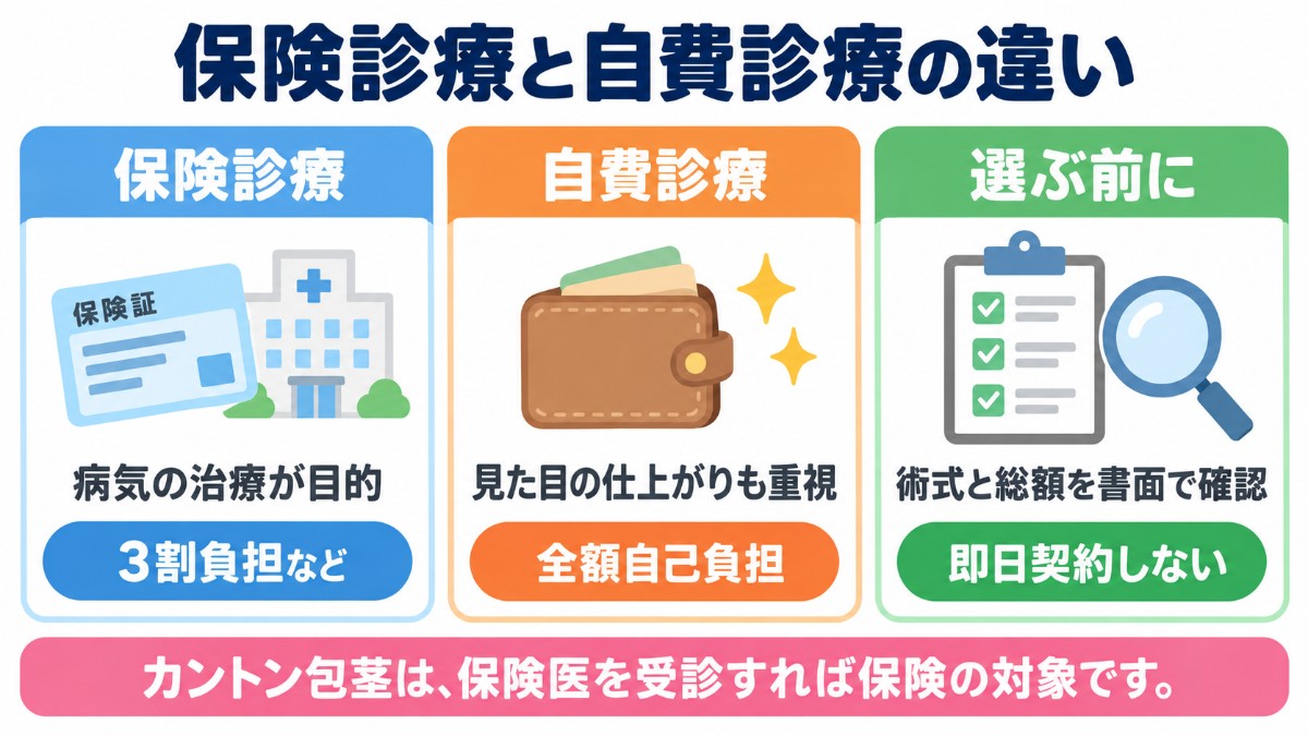 保険診療と自費診療の違い（保険診療は病気の治療が目的、自費診療は見た目の仕上がりも重視、選ぶ前に術式と総額を書面で確認）