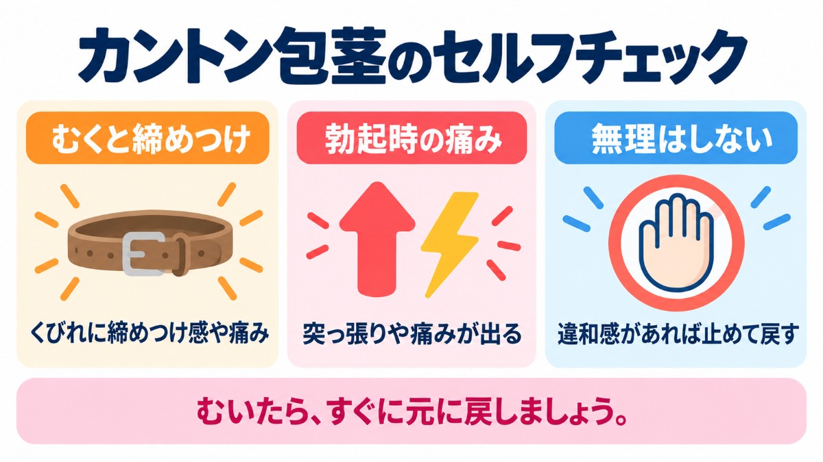 カントン包茎のセルフチェック（むくと締めつけ、勃起時の痛み、無理はしない）