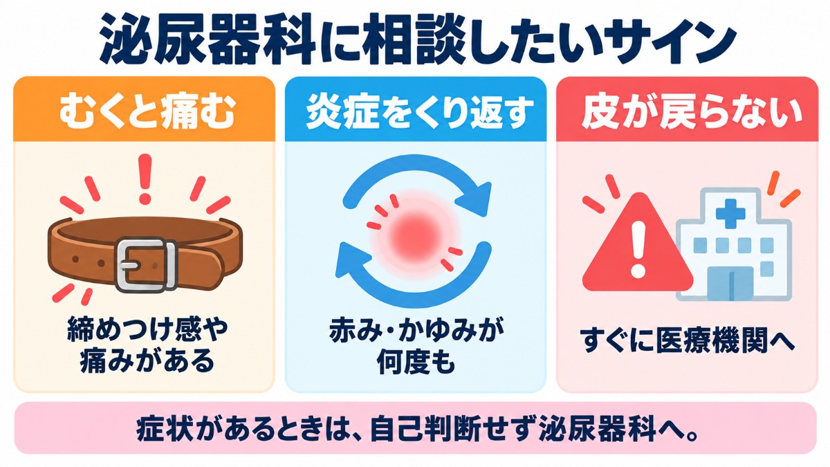 泌尿器科に相談したいサイン（むくと痛む、炎症をくり返す、皮が戻らない）