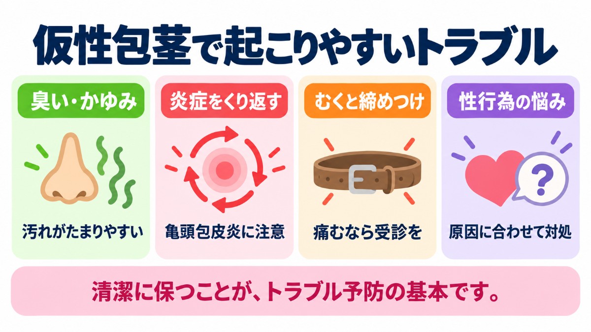 仮性包茎で起こりやすいトラブル（臭い・かゆみ、炎症をくり返す、むくと締めつけ、性行為の悩み）