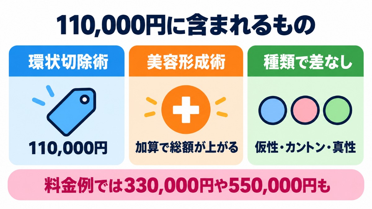 東京ノーストクリニックの料金（110,000円に含まれるもの・追加になるもの）の図解