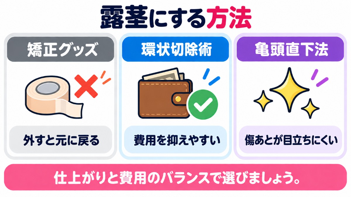 露茎にする方法(矯正グッズは外すと元に戻る、環状切除術は費用を抑えやすい、亀頭直下法は傷あとが目立ちにくい)