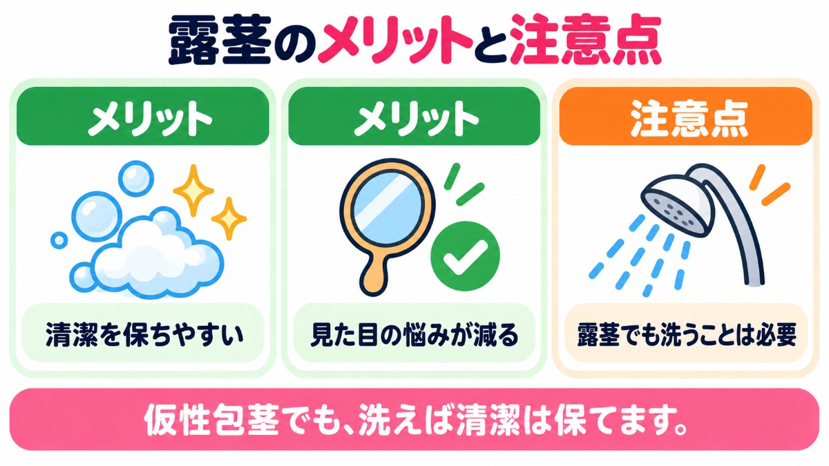 露茎のメリットと注意点(清潔を保ちやすい、見た目の悩みが減る、露茎でも洗うことは必要)