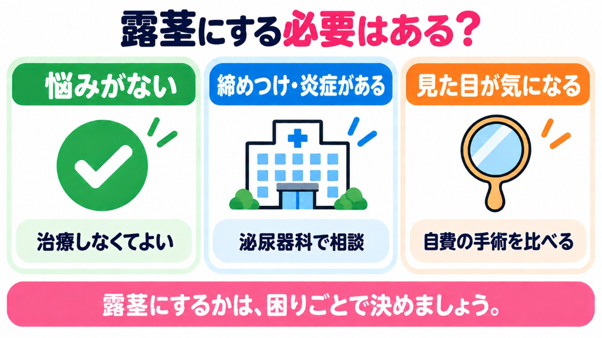 露茎にする必要はあるか(悩みがないなら治療しなくてよい、締めつけ・炎症があるなら泌尿器科で相談、見た目が気になるなら自費の手術を比べる)