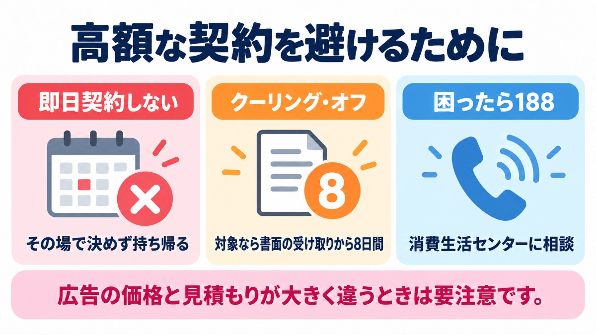 高額な契約を避けるために(即日契約しない、クーリング・オフ、困ったら188)