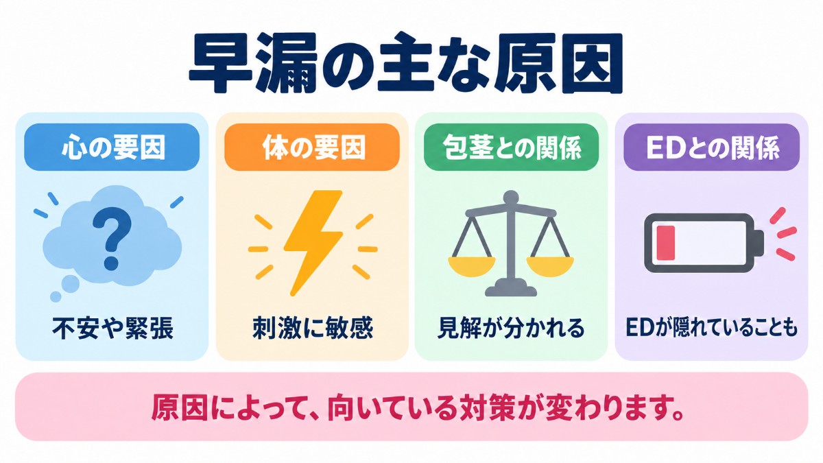早漏の主な原因(心の要因、体の要因、包茎との関係、EDとの関係)