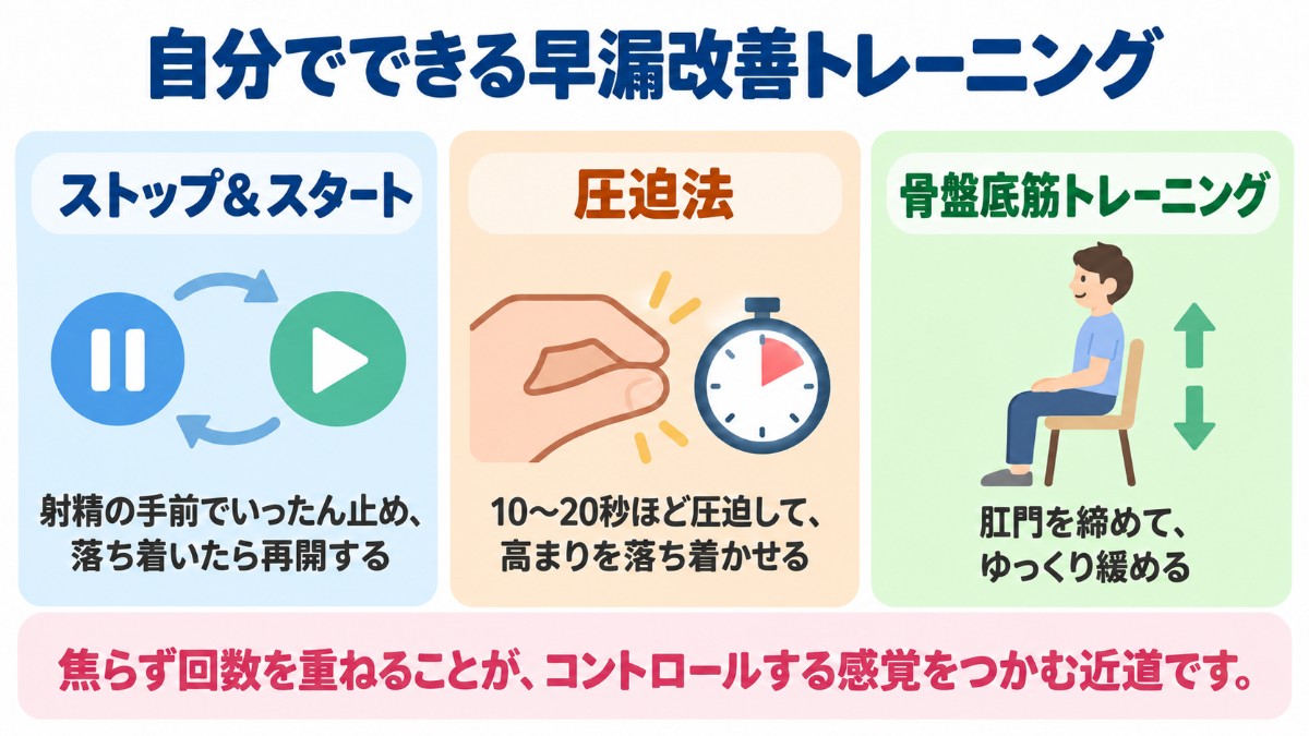 自分でできる早漏改善トレーニング(ストップ&スタート・圧迫法・骨盤底筋トレーニング)