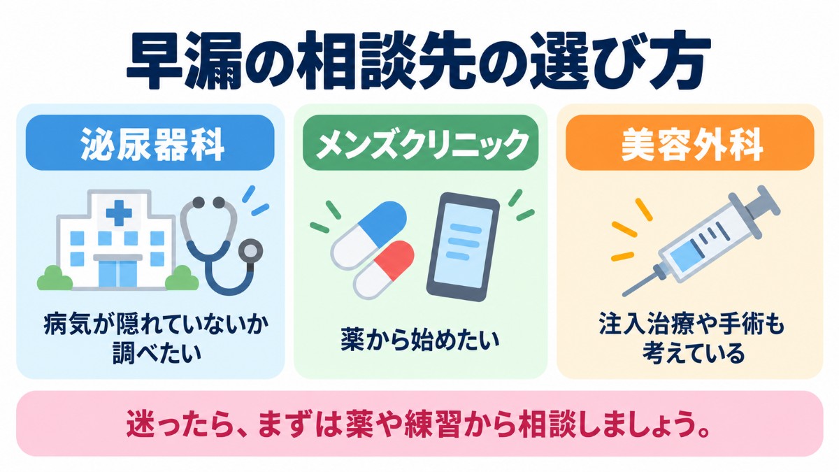 早漏の相談先の選び方(泌尿器科、メンズクリニック、美容外科)