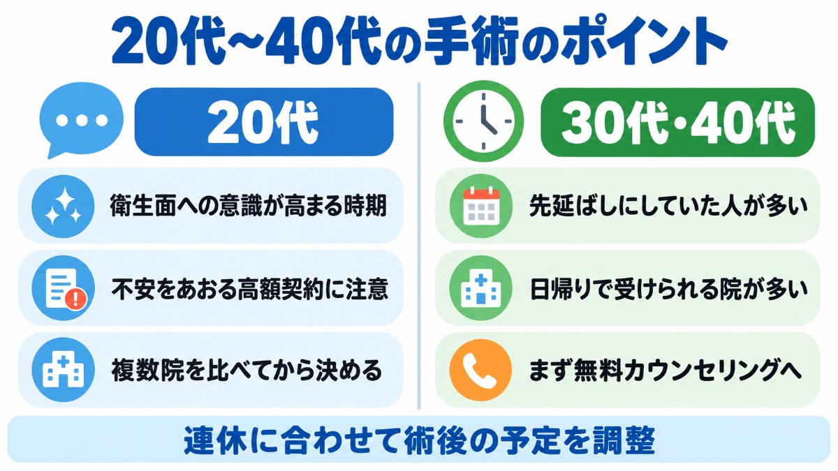 20代と30代・40代で包茎手術を受けるときのポイントを左右で比べ、連休に合わせて術後の予定を調整することを添えた図