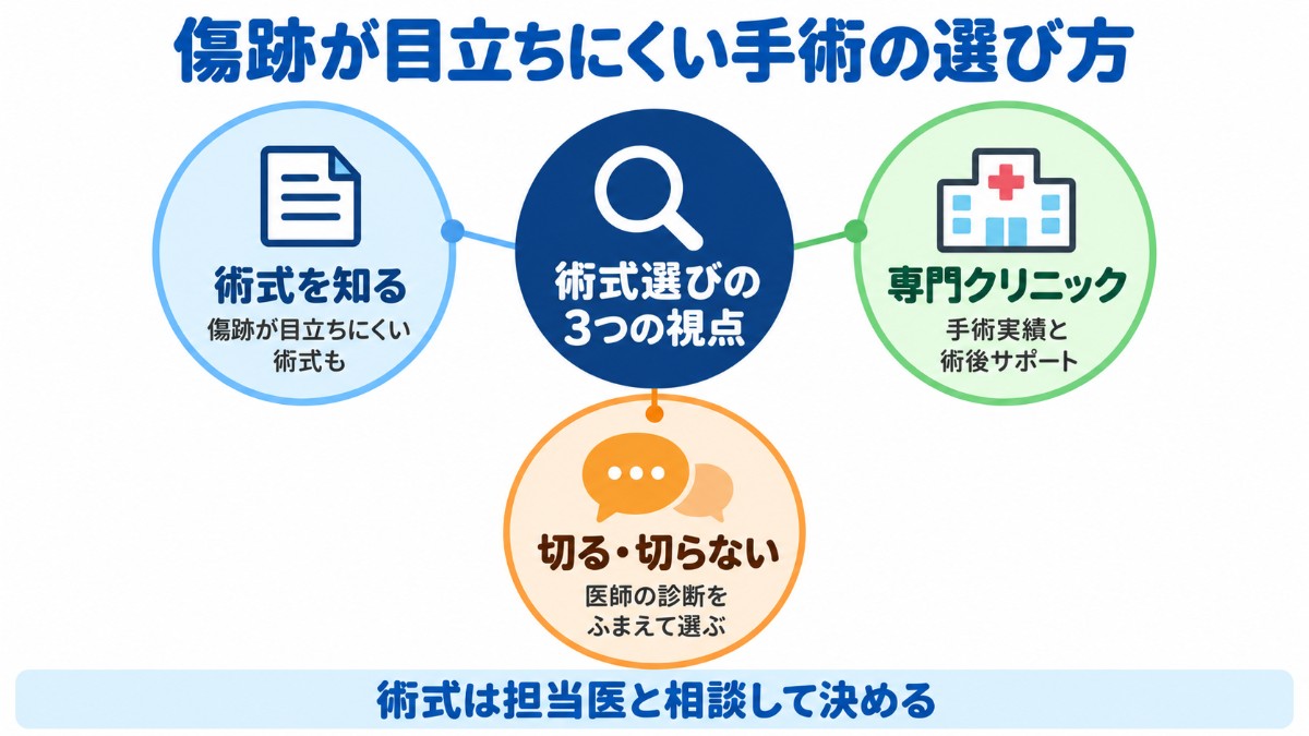 傷跡が目立ちにくい包茎手術の選び方として、傷跡が目立ちにくい術式を知る、手術実績のある包茎専門クリニックを選ぶ、切る手術か切らない手術かを医師と相談する、の3つの視点を示した図