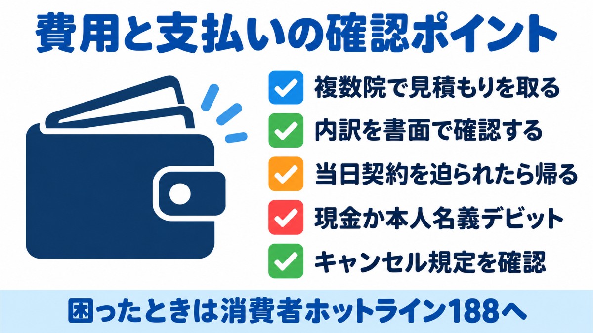 包茎手術の費用で確かめたい5項目（複数院で見積もり、費用の内訳を書面で確認、当日契約を迫られたら持ち帰る、現金か本人名義のデビットで支払う、キャンセル規定を確認）のチェックリスト
