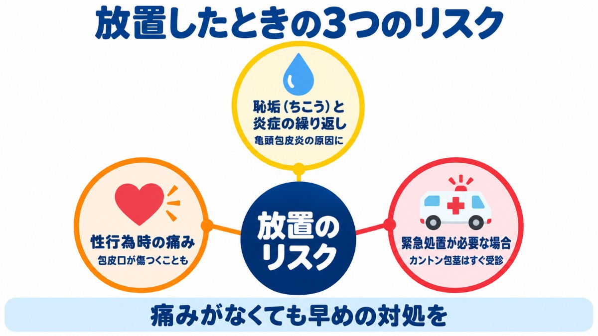 包皮が下がらない状態を放置したときのリスクを、恥垢と炎症の繰り返し・性行為時の痛み・カントン包茎の緊急処置の3つに整理した図