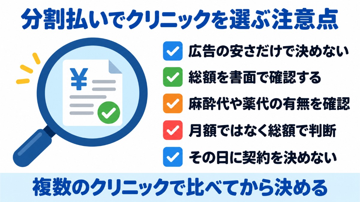 分割払いでクリニックを選ぶときの注意点を、広告の安さだけで決めない・総額と内訳を書面で確認・その日に契約しないなど5項目のチェックリストにした図