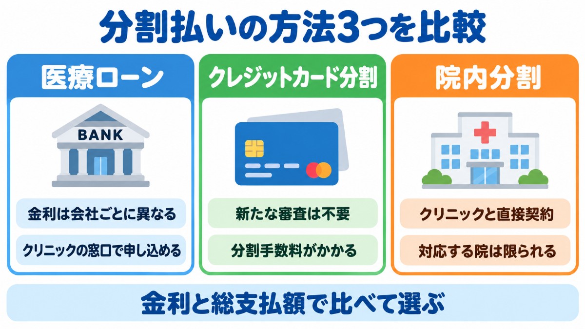 包茎手術の分割払いの方法として、医療ローン・クレジットカード分割・院内分割の3つの特徴を比べた図