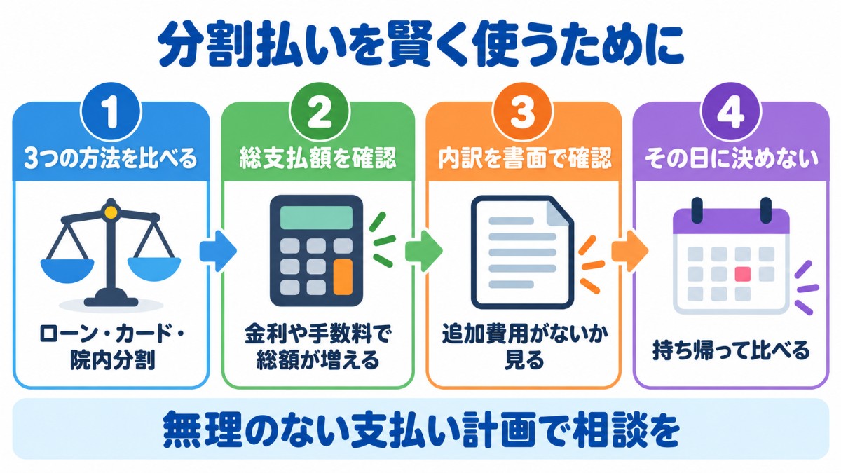 まとめとして、3つの方法を比べる・総支払額を確認・内訳を書面で確認・その日に決めないの4つの手順を示した図
