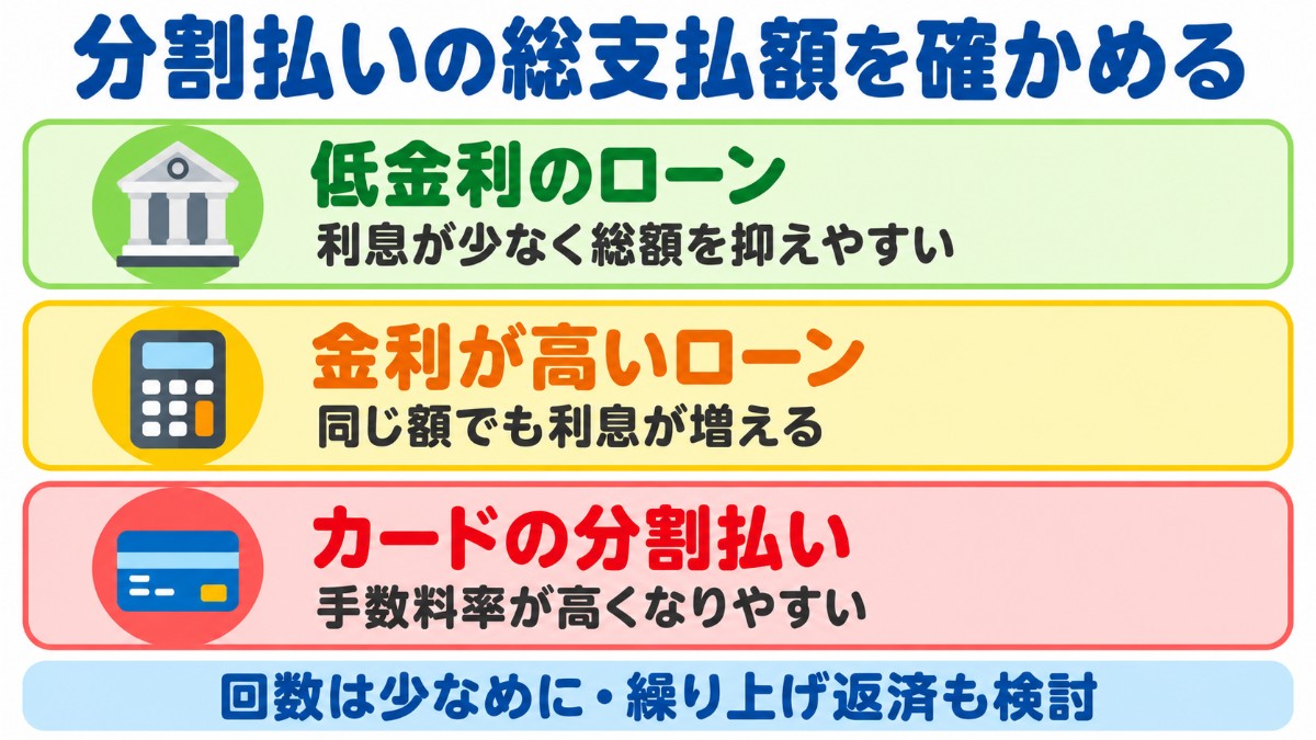 分割払いの総支払額は金利で変わることを、低金利のローン・金利が高いローン・カードの分割払いの3段で示し、回数を少なくするコツを添えた図
