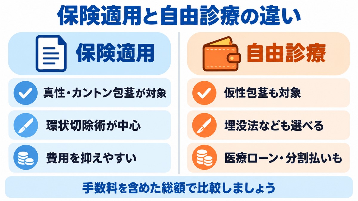 包茎手術の保険適用と自由診療の違い（対象となる包茎・主な術式・支払い方法）を左右で比べた図