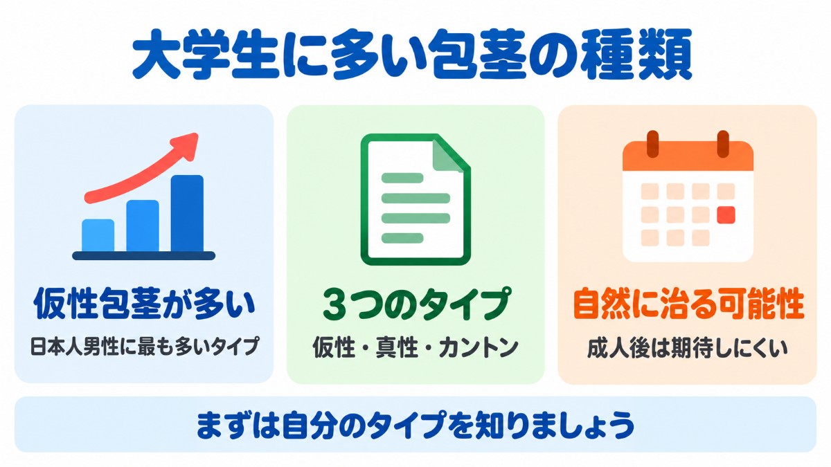 大学生の包茎について、仮性包茎が多いこと・3つのタイプがあること・成人後に自然に治ることは期待しにくいことをカードで示した図