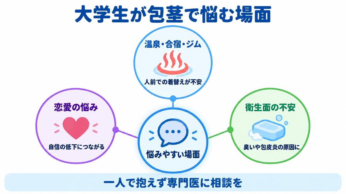 大学生が包茎で悩みやすい3つの場面（温泉・合宿・ジムでの着替え、恋愛での自信、臭いや炎症などの衛生面）を放射状に示した図