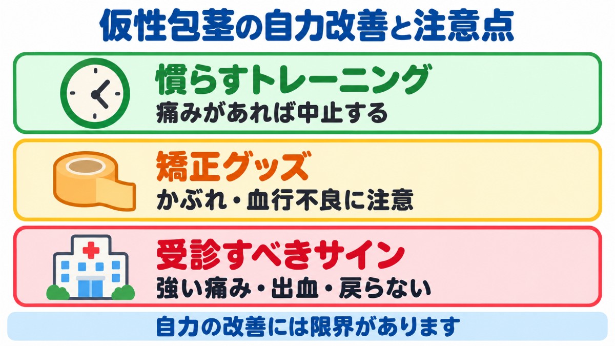 仮性包茎を自力で改善する方法と注意点を、慣らすトレーニング・矯正グッズ・医療機関を受診すべきサインの3段階で示した図