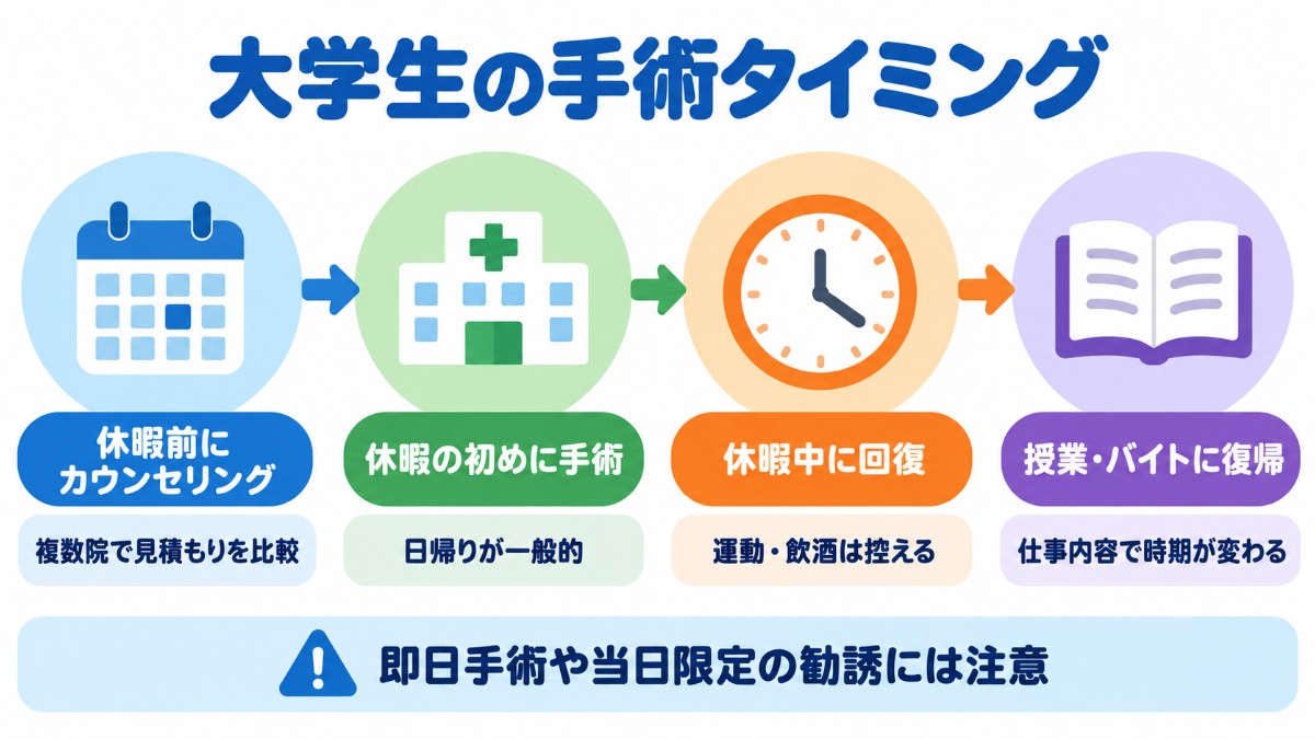 大学生が包茎手術を受けるタイミングとして、休暇前のカウンセリング・休暇の初めの手術・休暇中の回復・授業やバイトへの復帰を順に示した図